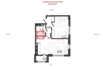 1-к квартира, 45,9 м², 6/8 эт.